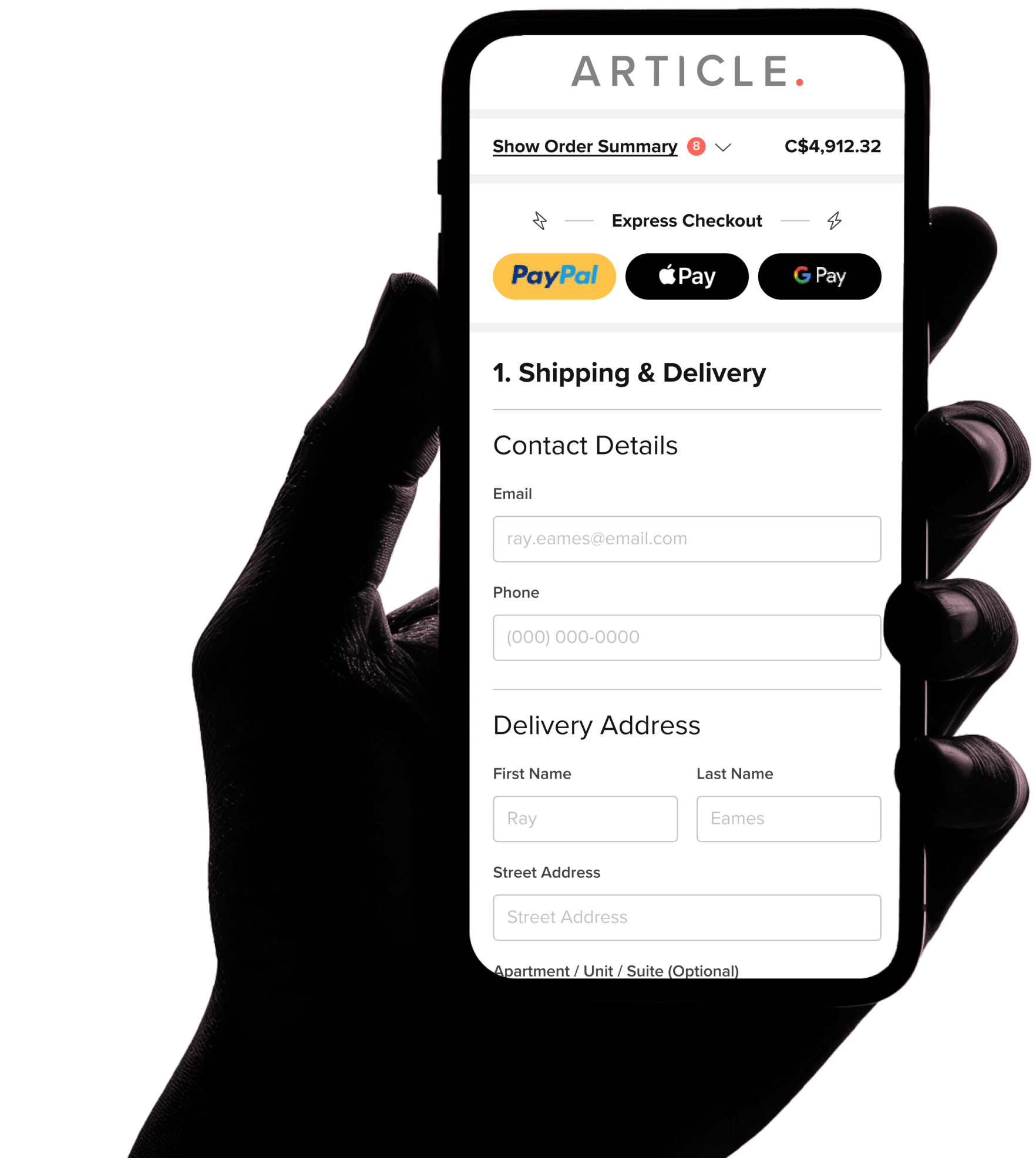 Image of person holding a mobile device with the Article Checkout on screen